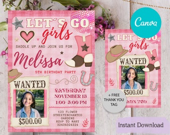 Pink Cowgirl Birthday Party Invitation Template, Pink disco Cowgirl Party, Rodeo Birthday invitation, Let's Go Girls, Any Age - with photo