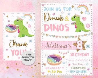 Dinosaur and Donut Party Invitation,Dino Invitation, Donut Invitation, Dinosaur and Donut Party