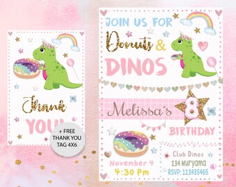 Dinosaur and Donut Party Invitation,Dino Invitation, Donut Invitation, Dinosaur and Donut Party