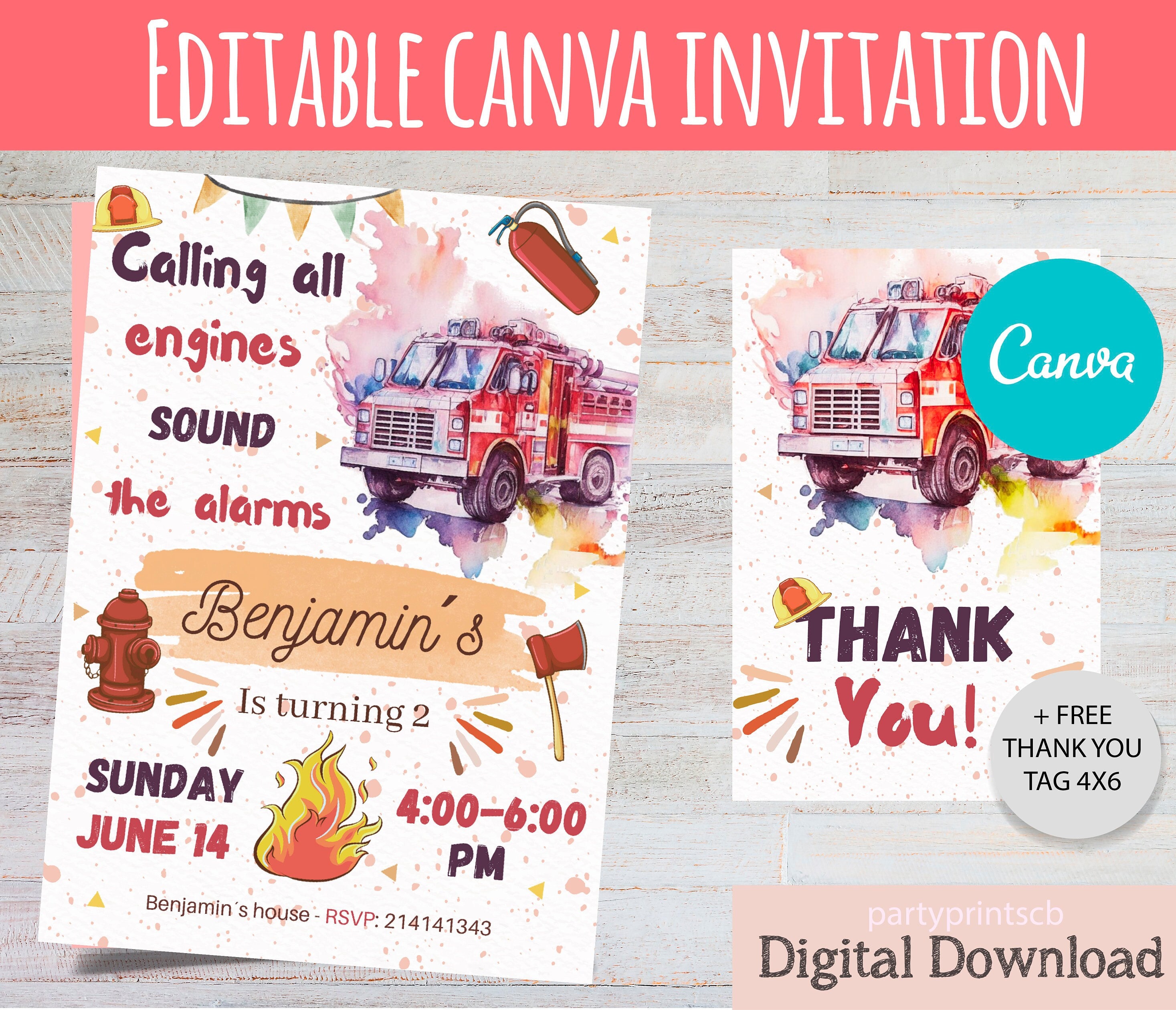 EDITABLE CANVA Fire Truck Birthday Party Invitation Firefighter birthday invitation