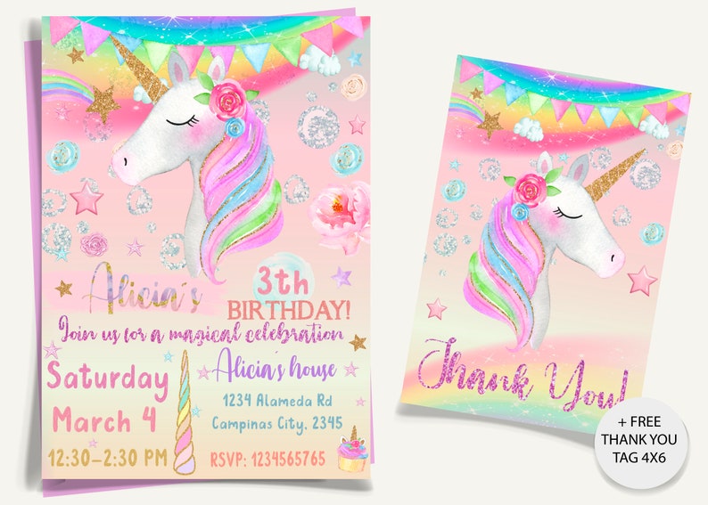 Unicorn Invitation, Unicorn Birthday Invitation, Unicorn Party, Magical Unicorn Party, Rainbow Unicorn Invite, Printable, Digital file image 1