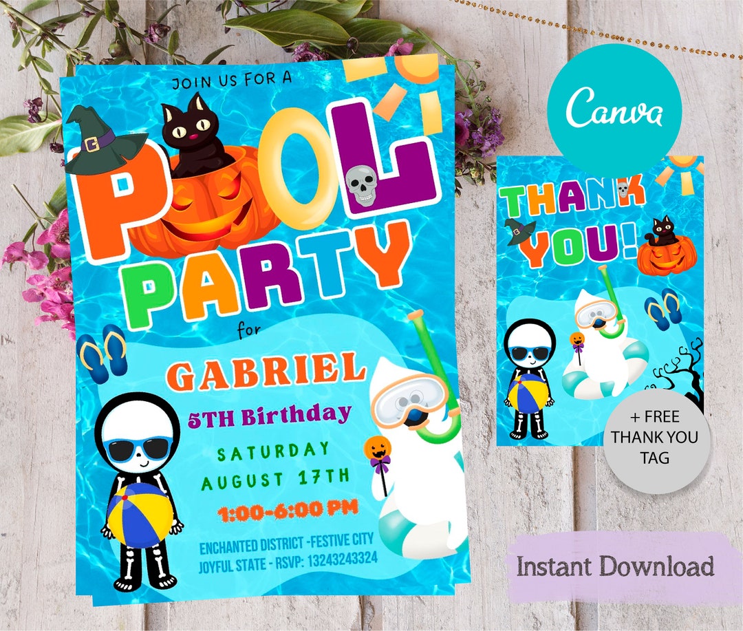 EDITABLE CANVA Halloween Pool Party Invitation Etsy
