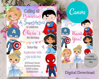 EDITABLE CANVA Princess & Superhero invitation, princess and superhero party, princess and superhero party invitations