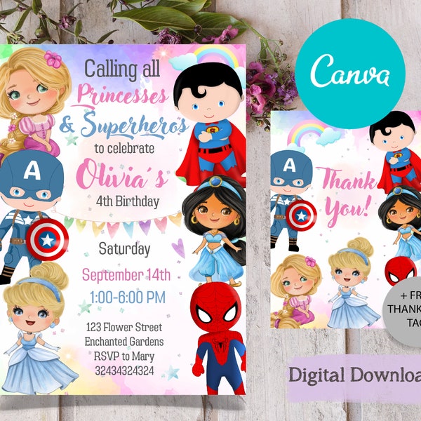 EDITABLE CANVA Princess & Superhero invitation, princess and superhero party, princess and superhero party invitations