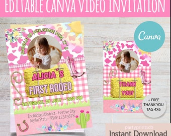 Editable canva My First Rodeo Video Invitation, FIRST RODEO Invitation Template, Printable Wild West Birthday Invite, Girl Cowboy Invitation