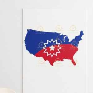 Puede incluir: Un mapa de los Estados Unidos en rojo, blanco y azul con una estrella negra y blanca de 13 puntas en el centro. La estrella es un símbolo del movimiento Black Lives Matter.