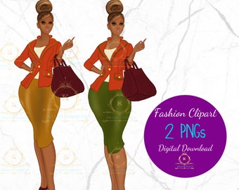 Fashion Clipart- Girl boss - Girl Clipart- Fashion Illustration-Black Girl Clipart- African American Clipart- Afro Clipart-Boss clipart