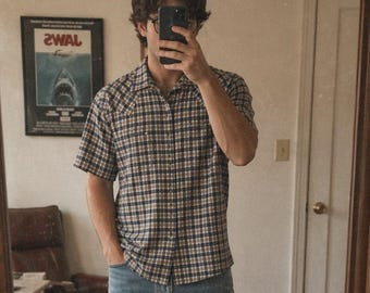 Camicia da uomo vintage Ely Cattleman a maniche corte con motivo western a quadri e bottoni a pressione in madreperla, taglia L.