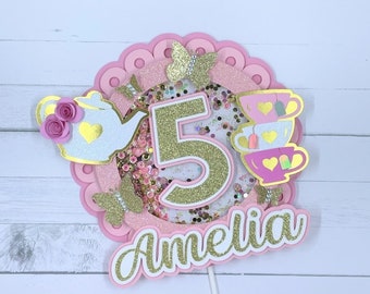 Adorno para tarta de fiesta de té en rosa - Fiesta de cumpleaños Par-TEA - Fiesta de té de princesas - Fiesta de niña rosa - Té para dos - Decoraciones para fiesta de té