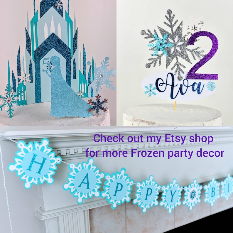 May include: Frozen themed birthday party decorations including a cake topper with a silver snowflake and the number 2 in purple glitter, a banner with the word "Happy" in blue and white snowflakes, and a cake topper with a blue and white castle and a figure of Elsa.