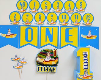 Yellow Submarine Birthday Party Decorations, ONE banner, 1st year in photos Banner Cake Topper The Beatles Party decorations 80's party