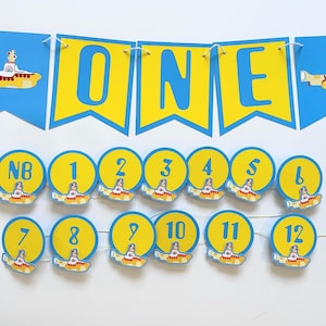 Decoraciones para fiesta de cumpleaños de Yellow Submarine, UNA pancarta, primer año en fotos, pancarta para tarta, decoraciones para fiesta de los Beatles, fiesta de los 80