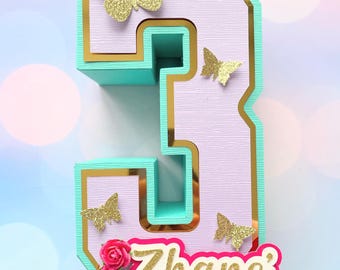 Tea Party 3D number - turquoise lavander pink Table Centerpiece 8" Tall Par-tea themed birthday decorations