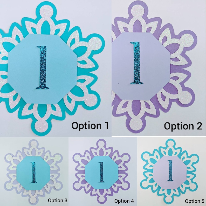May include: Five different options for a snowflake-shaped party decoration with a number one in the center. The snowflake is white with a blue or purple background. The number one is blue with glitter. Option 1 has a turquoise snowflake with a light blue background. Option 2 has a purple snowflake with a light purple background. Option 3 has a purple snowflake with a light blue background. Option 4 has a purple snowflake with a light blue background. Option 5 has a turquoise snowflake with a light purple background.