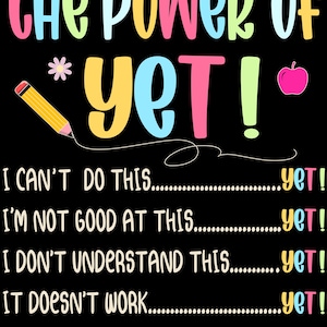 May include: A motivational poster with the words "the POWER of YET!" in colorful letters. The poster includes the phrases "I CAN'T DO THIS...yet!", "I'M NOT GOOD AT THIS...yet!", and others, encouraging a growth mindset.