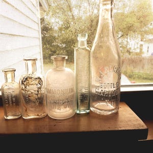 Medicine bottle's and soda bottle, 4 different Medicines 1 Soda or Water bottle , 5 different Bottles  all New Hampshire bottles 1890 bottle