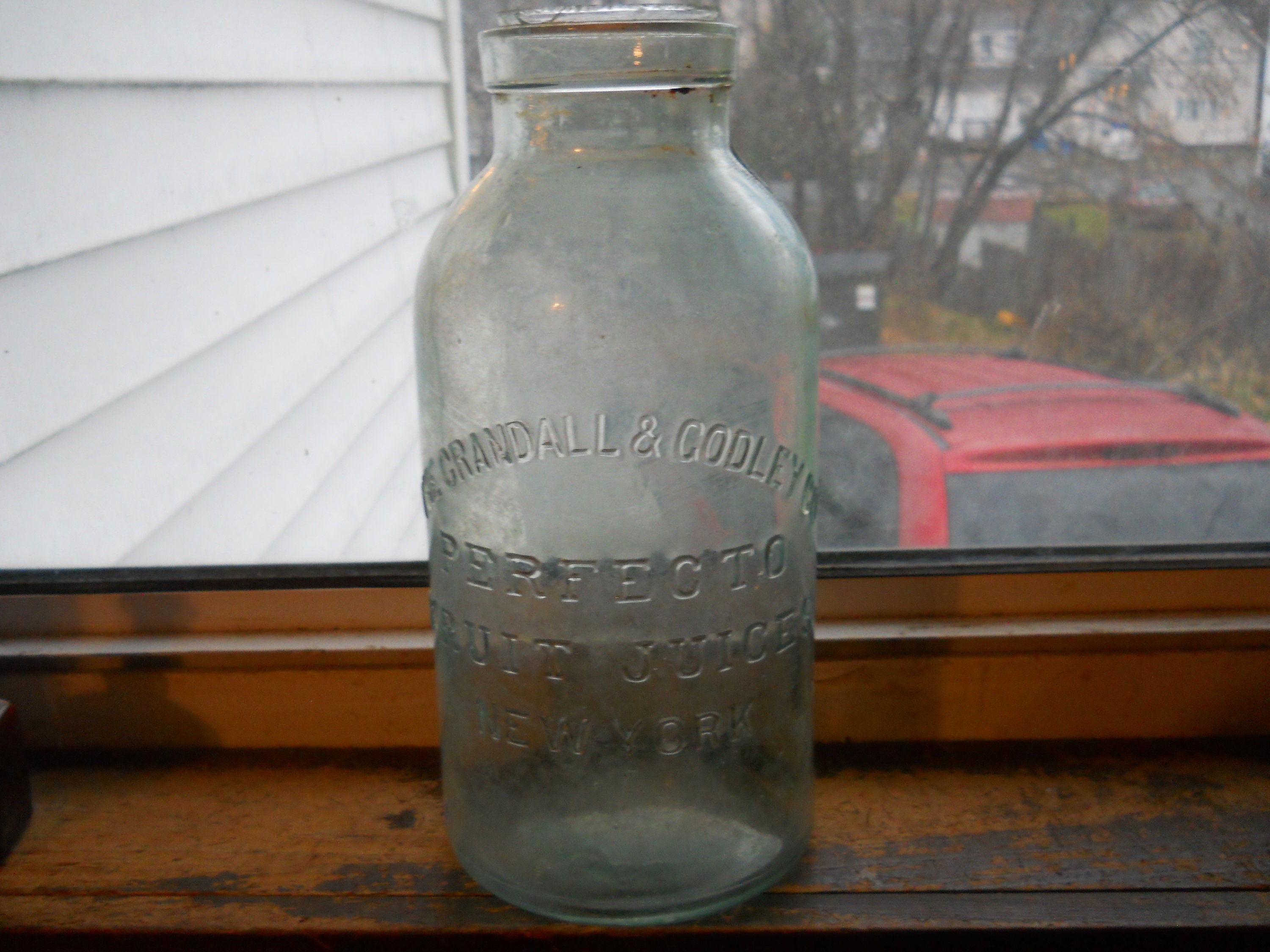 Vintage Large 12 Greenish Glass Milk Bottle W/ Ribbed Grip Indent
