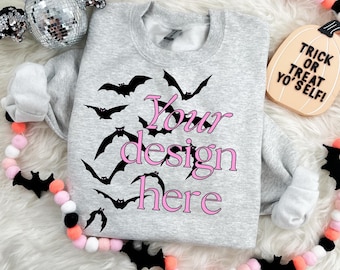 Ash Grey Sweatshirt Mockup: Halloween Flatlay (Digital Download