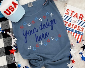 Blue Jean Comfort Colors Mockup | FOJ Patriotic Vibes Flat Lay (Digital Download)