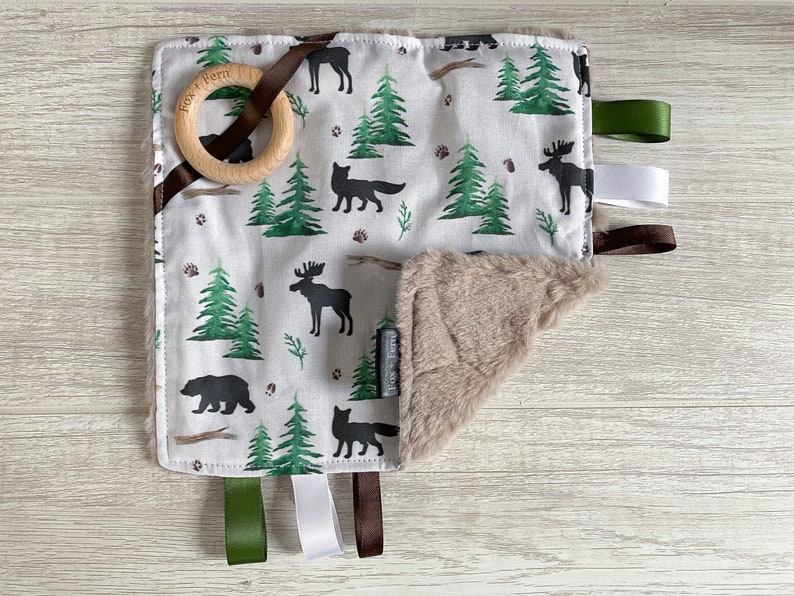 Woodland Animal Sensory Taggie Ribbon Blanket, Baby Shower Gift, Faux Fur Baby Blanket, Security Lovie Cuddle Chew Toy 