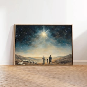 May include: A painting of three figures standing in a field, looking up at a bright star in the night sky. The figures are silhouetted against the light of the star, and there are sheep in the field.