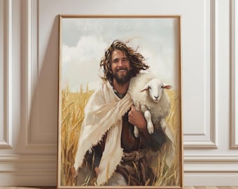 May include: A painting of a man with long brown hair and a beard, wearing a white robe, carrying a white lamb in his arms. He is smiling and walking through a field of wheat.