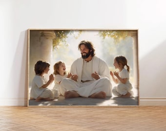 May include: A painting of Jesus sitting with three children. Jesus is wearing a white robe and has a beard. The children are wearing white clothing and are smiling. The painting is set in a garden with trees and sunlight.