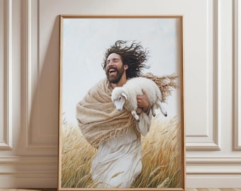 May include: A painting of a man with long brown hair and a beard, wearing a white robe and a brown shawl, holding a white lamb in his arms. He is smiling and walking through a field of tall grass.