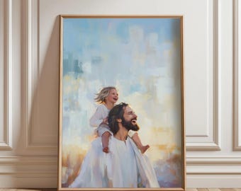 May include: A painting of a man with a beard carrying a young girl on his shoulders. They are both smiling and looking up at the sky. The background is a light blue with white clouds.