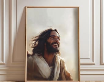 May include: A man with long brown hair and a beard smiles while looking up at the sky. He is wearing a brown robe with a white scarf. The background is a light blue sky with clouds.