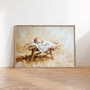 Jesuskind schläft in einer Krippe, O heilige Nacht, Geburt von Jesus, Geburts-Wand-Kunst, christliche Malerei, Weihnachten, moderner Christ, Lamm Gottes