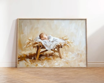 May include: A painting of a baby sleeping in a manger, surrounded by straw. The baby is wearing a white cloth and is lying on a wooden frame. The background is a soft, light brown.