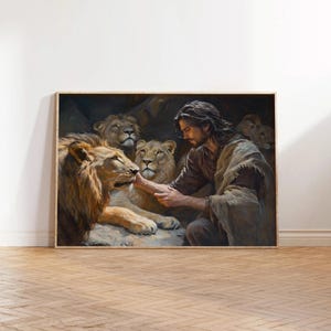 Daniel In The Lions Den Oil Painting, Jesus Art, Christian Wall Art, Modern Christian Print, Bible Verse Art, The Book Of Daniel, Faith Art