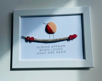 Robins appear when loved ones are near - pebble art frame gift - loss of a loved one - spiritual - robins - red breast - Christmas bird gift