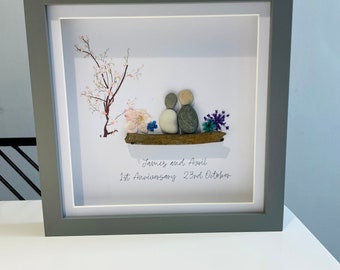 Personalised wedding anniversary gift - beautiful hand crafted - pebble art driftwood & pressed dried flowers - one  year married frame -