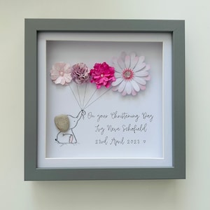 On your christening day Frame personalised - elephant - pink  flowers - babyshower - newborn  - nursery gift box frame pebble art - church