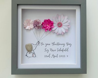 On your christening day Frame personalised - elephant - pink  flowers - babyshower - newborn  - nursery gift box frame pebble art - church