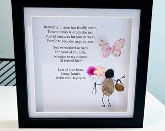 Beautiful handmade frame - retirement poem - retired keepsake - retire day - new adventures - retirement - pebble art - gift - life - relax