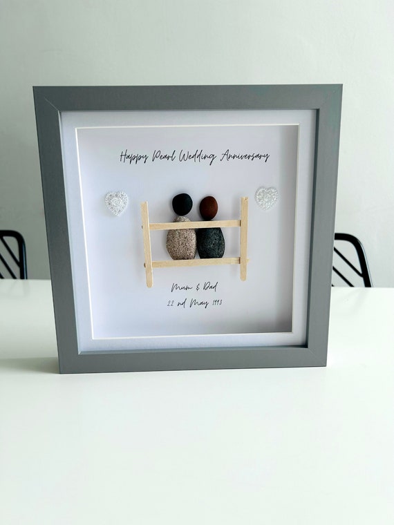 30 years married - Pearl Anniversary - 30th Wedding Anniversary Milestone - Personalised gift pebble art - sitting on bench together -