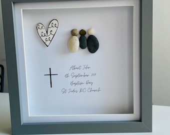 Stunning handmade Christening gift -  baby christened - newborn - church - christening day - white - cross - Jesus - frame gift pebble art -