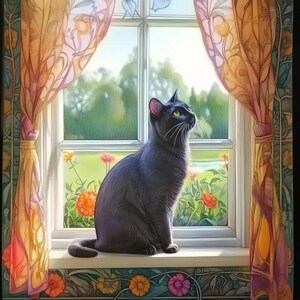 Schwarze Katze am Fenster, Imitat von Buntstiften, Poster, DIGITALE Drucke, Wandkunst, Haus Drucke