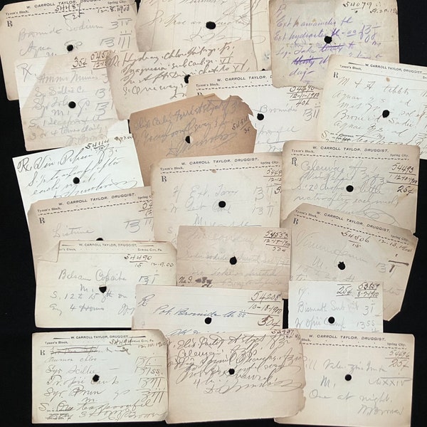 20 Antique date 1900 Rx Pharmacist Medical Prescription Script, Authentic, Handwritten Apothecary Ephemera Junk Journaling Collage Mix Media