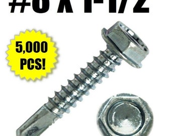 H824 #8 x 1-1//2/" Self Drilling Screw Hex Washer Head Zinc BULK BOX Qty 5,000