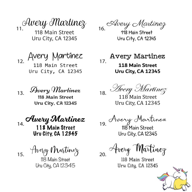 May include: A set of 10 address labels with the name Avery Martinez and the address 118 Main Street, Uru City, CA 12345. The labels are numbered 11 through 20.