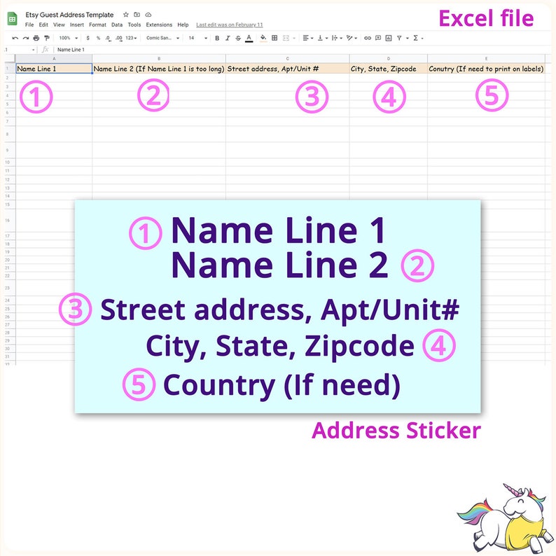 May include: A spreadsheet template for Etsy guest addresses. The template is divided into five columns: Name Line 1, Name Line 2, Street Address, City, State, Zipcode, and Country. The template is labeled with numbers 1 through 5 to indicate the order in which to fill out the information.