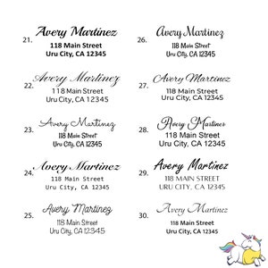 May include: Ten address labels with the name Avery Martinez and the address 118 Main Street, Uru City, CA 12345. The labels are numbered 21 through 30.