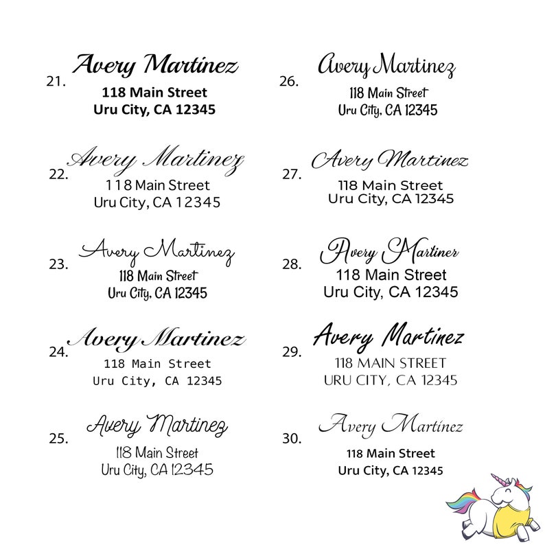 May include: Ten address labels with the name Avery Martinez and the address 118 Main Street, Uru City, CA 12345. The labels are numbered 21 through 30.