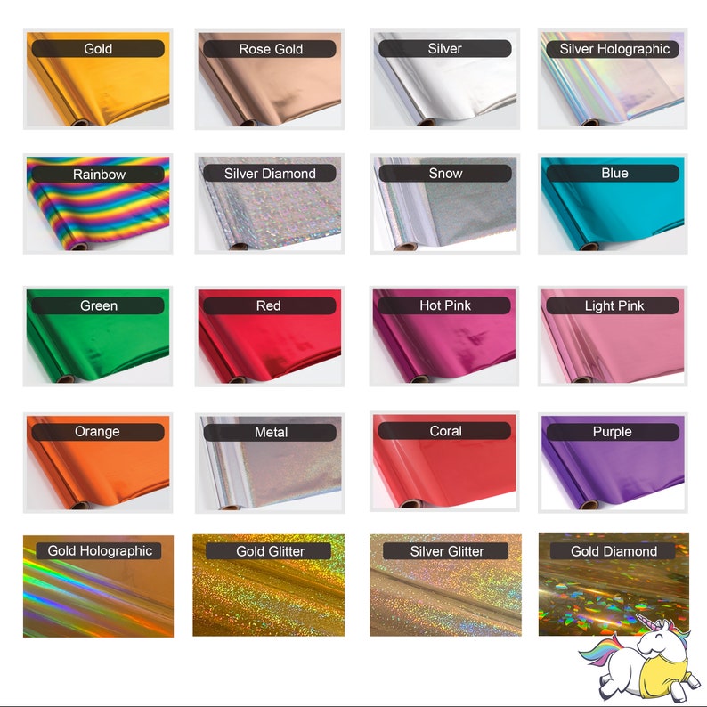 May include: A collection of 20 different colored and textured craft paper rolls. The colors include gold, rose gold, silver, silver holographic, rainbow, silver diamond, snow, blue, green, red, hot pink, light pink, orange, metal, coral, purple, gold holographic, gold glitter, silver glitter, and gold diamond.