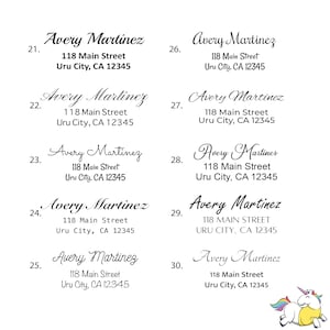May include: Ten address labels with the name Avery Martinez and the address 118 Main Street, Uru City, CA 12345. The labels are numbered 21 through 30.
