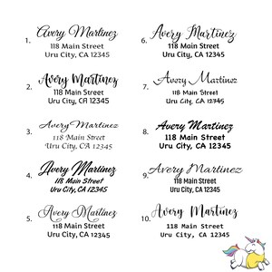 May include: Ten address labels with the name Avery Martinez, the address 118 Main Street, Uru City, CA 12345, and a number from 1 to 10. The labels are printed on white paper with black ink.
